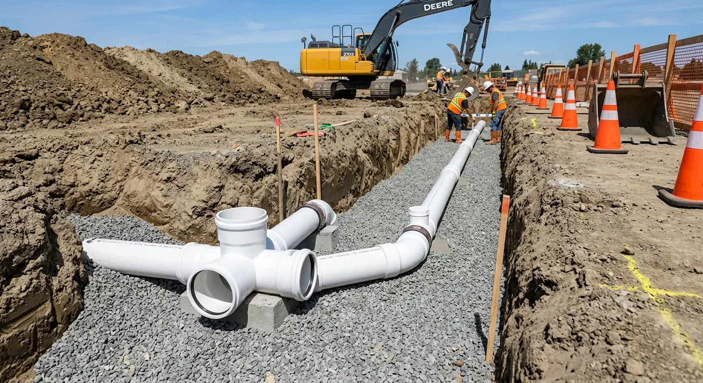 New PVC sewer pipe installation in open trench for Sewer Backup in Butte-Silver Bow