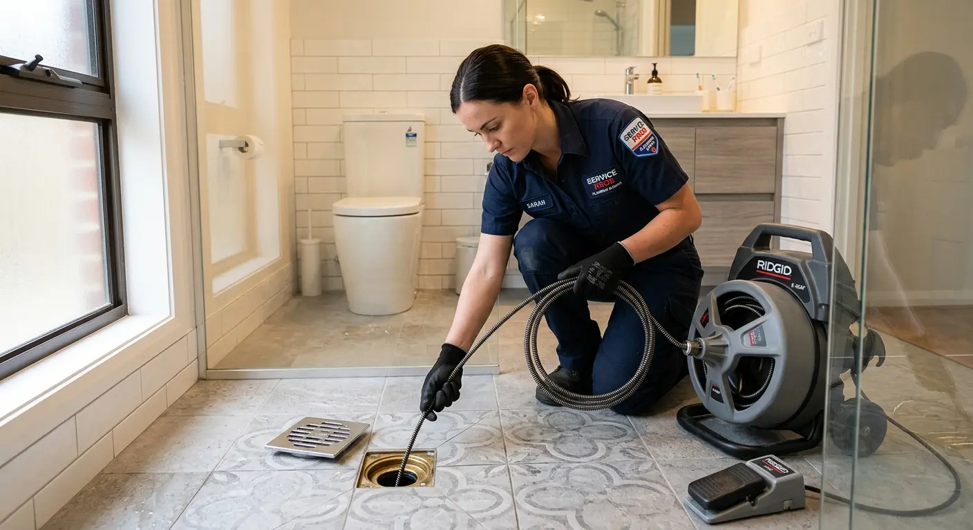 Technician clearing a bathroom floor drain for Clogged Drain Repair in Butte-Silver Bow